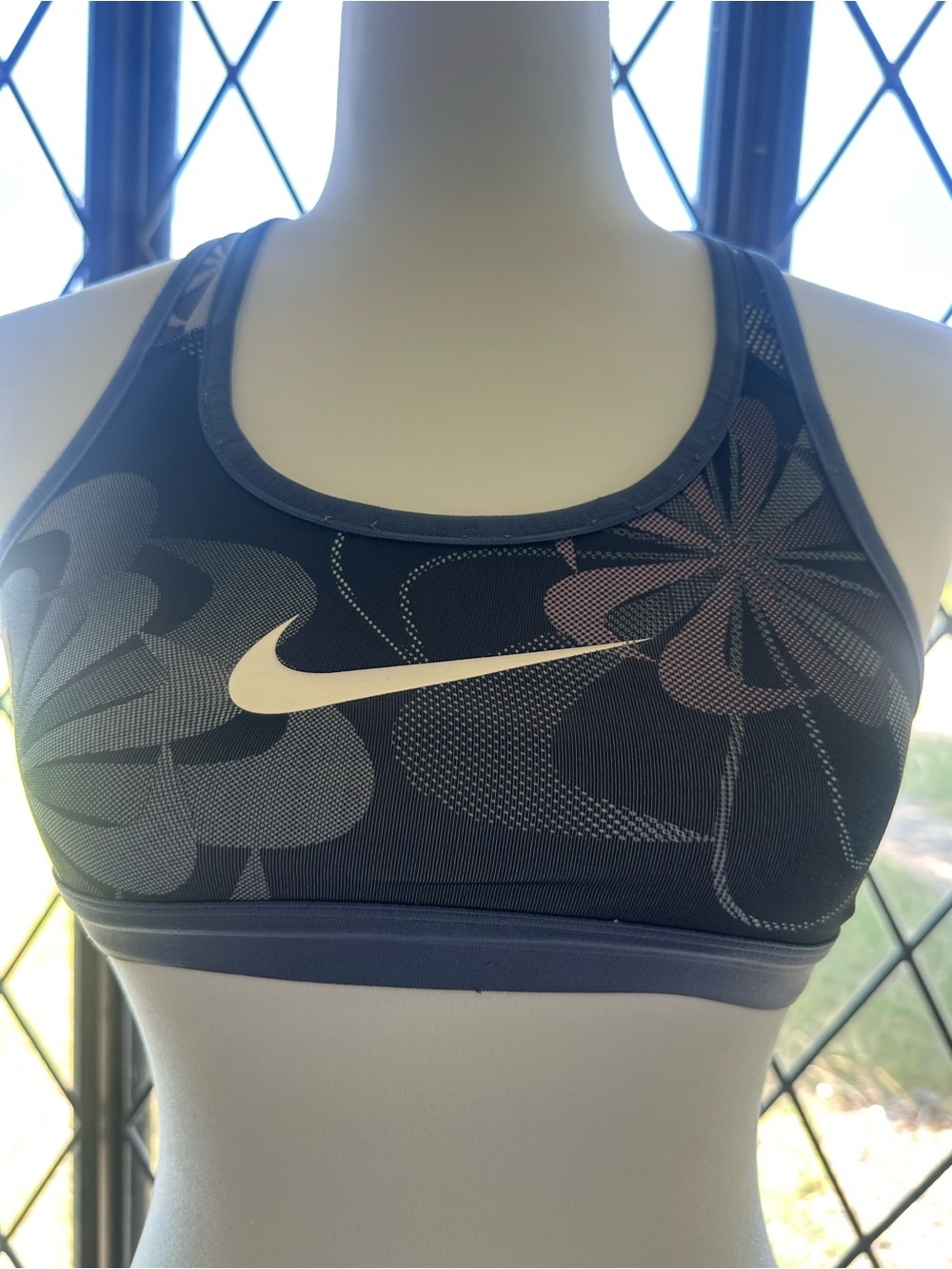 Nike Floral Print Racerback Sports Bra in Dark Blue with White Swoosh